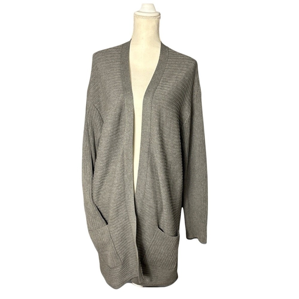 J Jill Long Open Front Cardigan Gray Ribbed with Pockets Size‎ XL